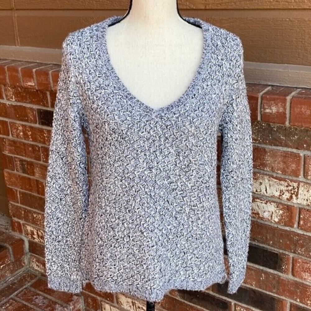 White House Black Market Marled V Neck Sweater Small Silver Metallic Sparkle